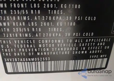 2022 Volkswagen Tiguan 2.0T Se z USA, uszkodzony, nr VIN 3VV2B7AX6NM052553